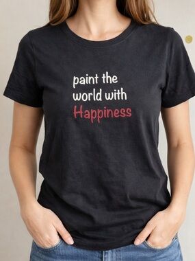 Black “Paint the World with Happiness” Graphic Tee
